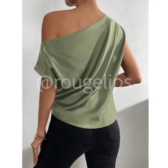 Army Green Satin Draped Asymmetrical Blouse Top Off One Shoulder - Picture 3 of 13